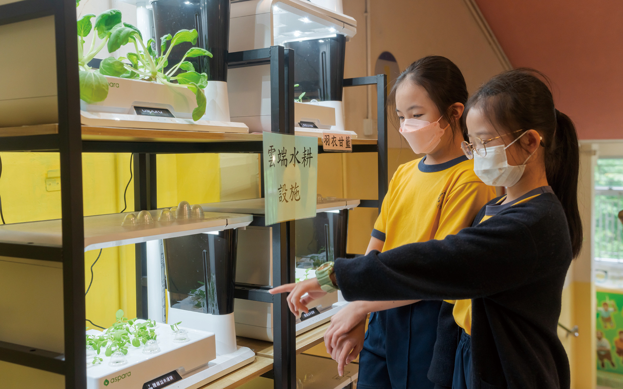 新學年，校內增設的電子化裝置，除了課室和體適能室的智能系統外，亦於校園走廊增添雲端水耕種植園，讓同學了解植物的生長，應用於STEM教學上讓學生作記錄及數據比較分析。